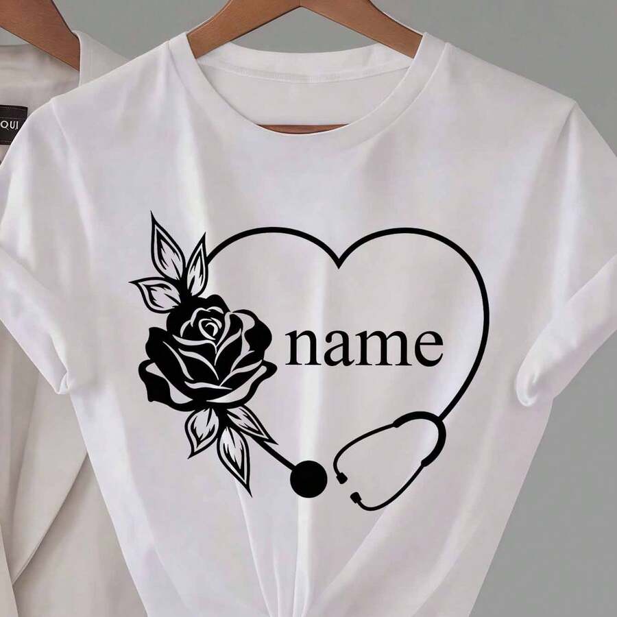 Camiseta con estetoscopio de corazón de rosa con nombre personalizado | Cuello redondo de verano, tejido ligeramente elástico, ideal para mujeres y - Blanco - Ver 1