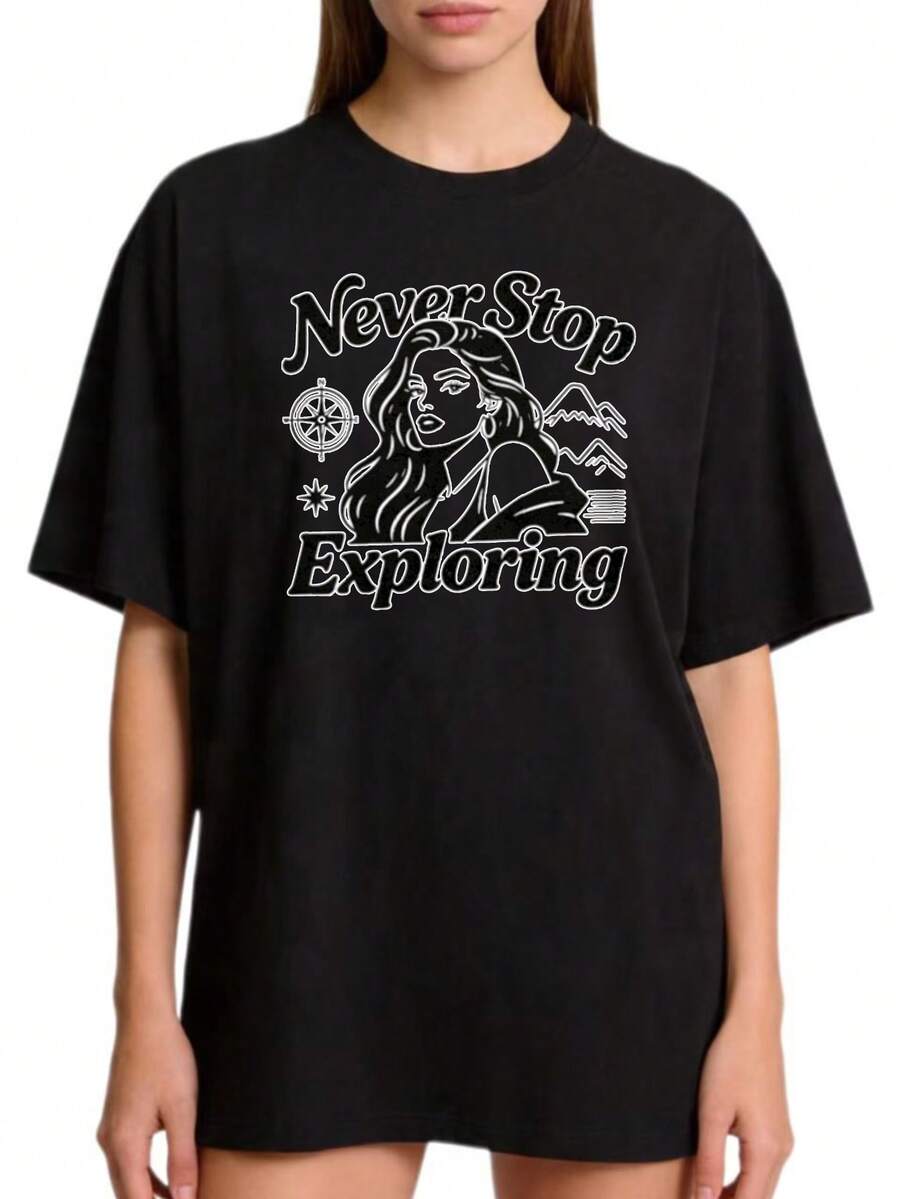 Women's Basic Casual Crew Neck T-Shirt, Sizes S-2XL, 100% Solid Color In Black And White, With "Never Stop Exploring" Print, Mountain And Compass Design, Suitable For Family And Couple Outfits, Perfect For Summer Adventures And Travel Season, Ideal As A Graduation Gift, . - 黑色 - 查看 1