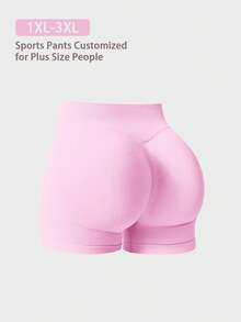 NcmRyu 1pc Women Plus Size Solid Color Ruched Fitted Sports Shorts - Pink - View 11