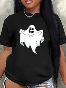 Lightweight And Durable Short-Sleeved T-Shirt With A Ghost Print Design, Perfect For Halloween Celebrations, Casual Outings, Or Home Decor. It Features A Fun Cartoon Design, Is Suitable For Adults, Comfortable And Fitted, Ideal For Everyday Wear. Women's Casual Blouse - 黑色 - 查看 7