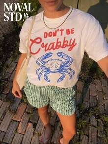 1 Piece Of Women's Short-Sleeved T-Shirt With "Don't Be Crabby" Print, Casual Street And Vacation Style, Loose Fit, Multifunctional, White, Round Neck, Fashionable T-Shirt For Everyday Wear, Suitable For Daily Use. 180g 100% Cotton. - 白色 - 查看 7