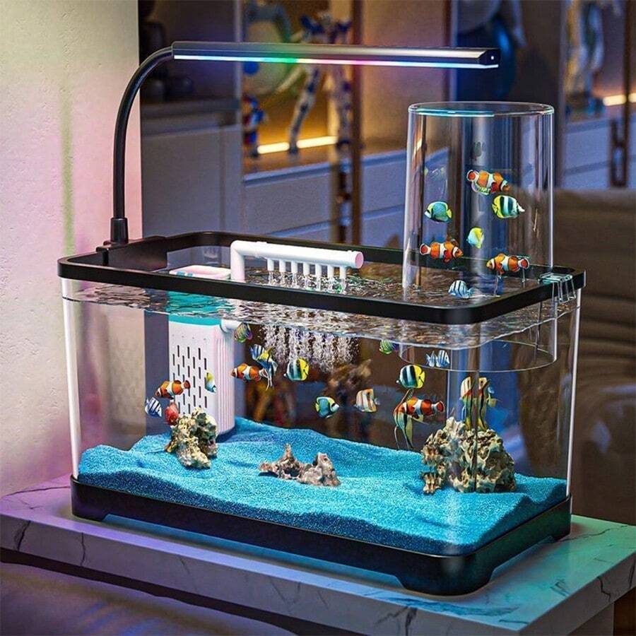 1套水族魚缸造景居家桌面新款懶人式過濾增氧燈光一體化塑膠鏡面金魚缸,適用於客廳、戶外花園、泳池裝飾等,附贈魚飼料與藍色底砂 - 彩色 - 查看 1