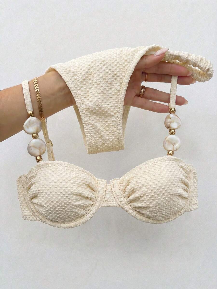 Bikinx 女款優雅串珠石飾紋理比基尼套裝,露背鋼圈設計,適合海灘度假夏季度假風穿搭 - 杏色 - 查看 1