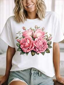 Women's Plus Size Floral Rose Bouquet Print T-Shirt, Casual Spring And Summer Fashion, Seasonal Gift Idea - Urban Vintage Style, Unisex, Loose Fit, Cotton, Short Sleeve, Crew Neck, 100% Cotton - 白色 - 查看 3