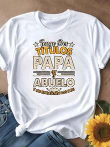 Women's 2026 Casual Crew Neck Short Sleeve T-Shirt, Available In Black And White, Graphic Print With Spanish Text 'I Have Two Titles: Dad And Grandpa', Everyday Wear T-Shirts, Summer Tops, Graphic Tees, Summer Sets, Women's Crop Tops, Casual Blouses - 白色 - 查看 3