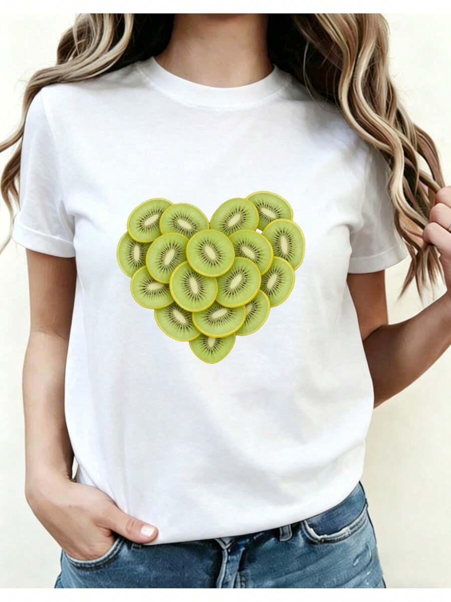 Women's Short-Sleeved T-Shirt With Creative Kiwi Heart Print, Round Neck, Slim Fit, Ideal For Casual Wear On Daily Outings, Meetings And Parties, With A Unique Fruit Graphic Design, Perfect For All Seasons. - 白色 - 查看 1