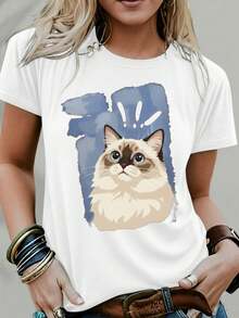 1 pieza de camiseta de manga corta de algodón colorido con cuello redondo para mujer, ropa de mujer, ropa casual, ropa de fiesta, 180g 100% algodón. - Blanco - Ver 4