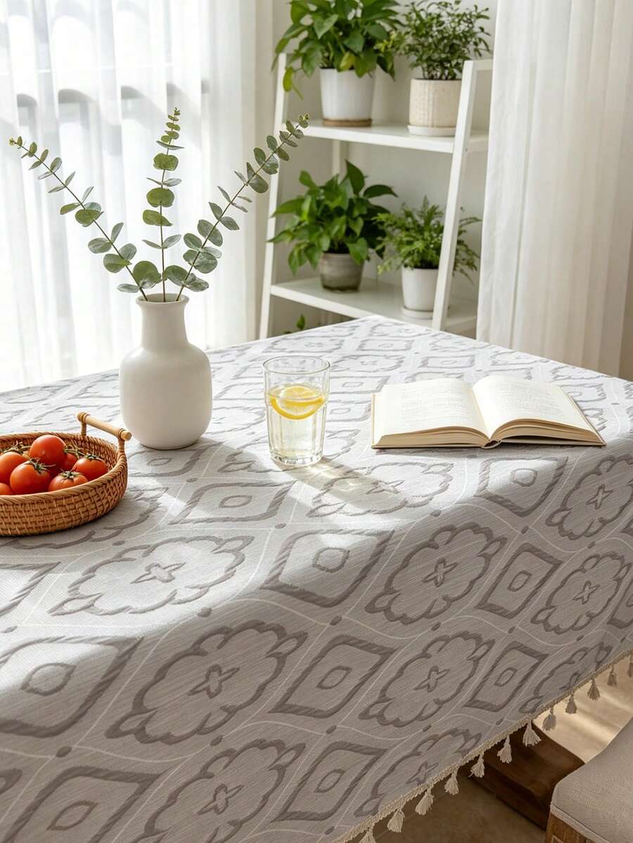 MineLain 1 Stück europäischer minimalistischer geometrischer Tischdecke, grau, Outdoor Tischdecke, 3D geprägtes Handwerk, beige Quasten Dekoration, faltbare Tischdecke, rechteckige Tischdecke, geeignet für Kommode, Schrank, tägliche Heimdekoration, Esszimmertisch Einstellung, geeignet für Familienküche, Esszimmer, Party, Feiertags-Event, Hotel, Picknick, Camping, Innen- und Außenbereich, alle Jahreszeiten, Frühling/Sommer - grauer Edelstein - Übersicht 1