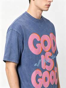 Men's God Is Good Distressed Graphic Tee, Oversized Crew Neck Short Sleeve Vintage Wash T-Shirt, Unisex Boyfriend Fit - 藍色 - 查看 3