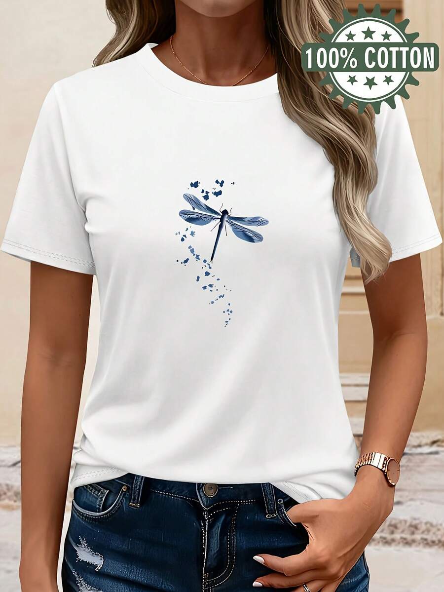 Camiseta casual de manga corta con cuello redondo para mujer, estampado de acuarela de libélula, top de primavera verano, ropa casual lavable a máquina, ropa para exteriores y para el hogar, tejido no transparente
