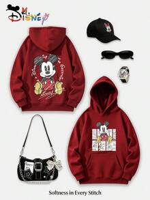 Disney Mickey Mouse Y2K Print Sweatshirt "The Boyfriend" - Fun Theme Sketch Print Loose Fit Top, Casual And Versatile For Everyday Wear. (Women's Autumn/Winter Clothing/Elegant Women's Outfits/Patterned Hoodies/Printed Tops/Casual Outfits For Women/Women Trending Now/Holiday Co-Ord) - 紅色 - 查看 1