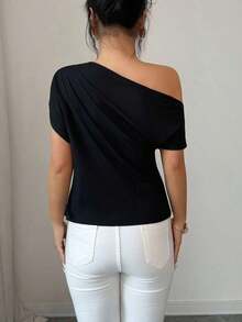 Camiseta de manga corta con cuello asimétrico, decorada con perlas en estilo burbuja, elegante y romántica para salidas casuales de verano, citas, Año Nuevo, San Valentín, Pascua, Día de la Madre, festivales de música, bodas de Oriente Medio - Negro - Ver 2