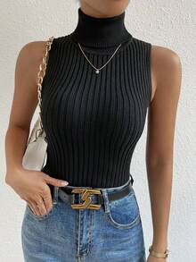 Top de cuello tortuga tejido de canalé - Negro - Ver 4