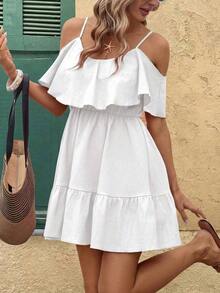 Vestido corto elegante de mujer con cuello en V, volantes, cintura y línea A, con estampado de lunares marrones y hombros descubiertos - Blanco - Ver 3