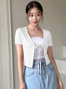 Top casual de manga corta con nudo delantero de unicolor, top crop para mujeres - Blanco - Ver 3