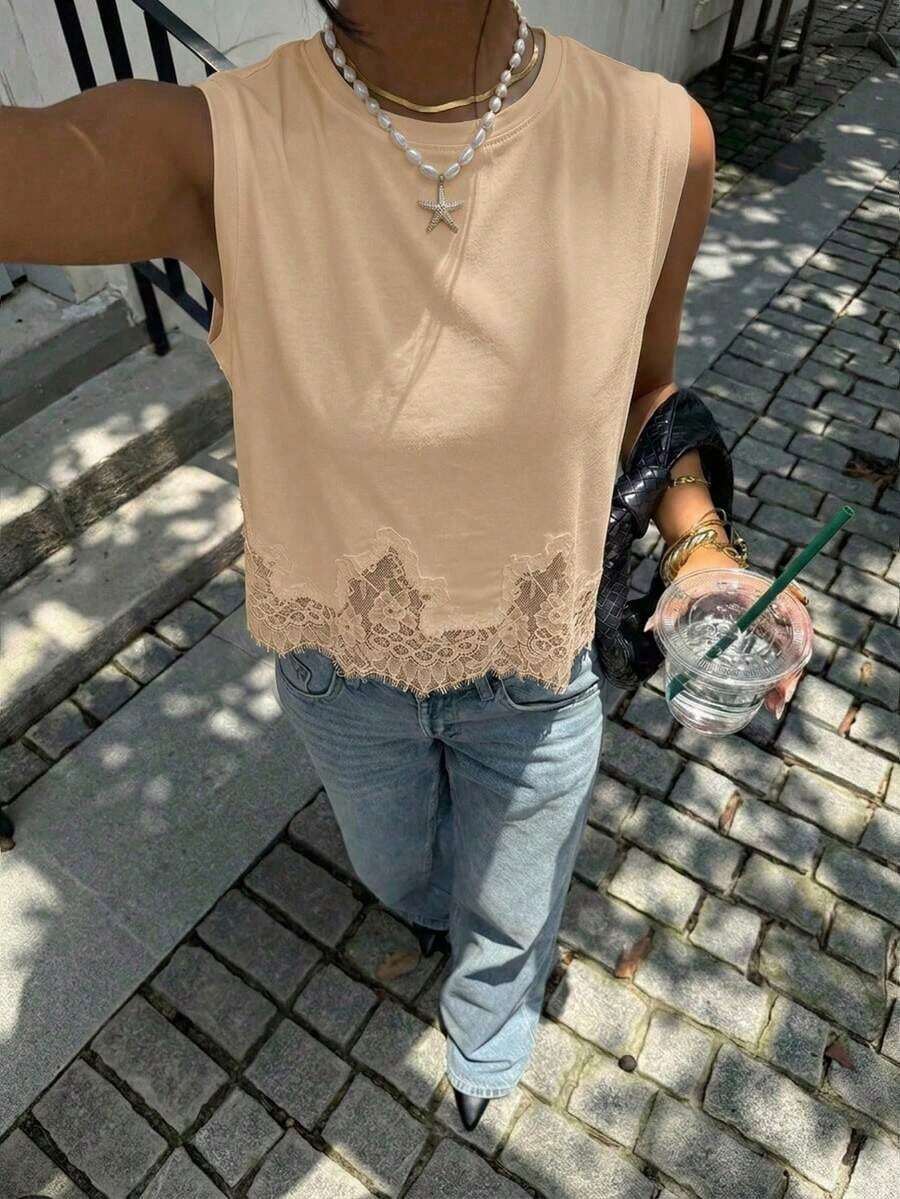 Camiseta de tirantes casual de mujer con cuello redondo y dobladillo de encaje de unicolor - Albaricoque - Ver 1