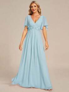 Elegante vestido de dama de honor de gasa con cuello en V, mangas con volantes bordados y plisados, vestido de noche formal para invitados de boda - Celeste 3 - Ver 7