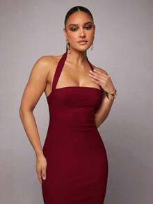 Vestido de lino y algodón con cuello halter, volantes en el bajo, color liso marfil, para Día de San Valentín, citas, vacaciones, fiesta, dama de honor, baile, vida diaria, cumpleaños, vacaciones - Burdeos - Ver 6