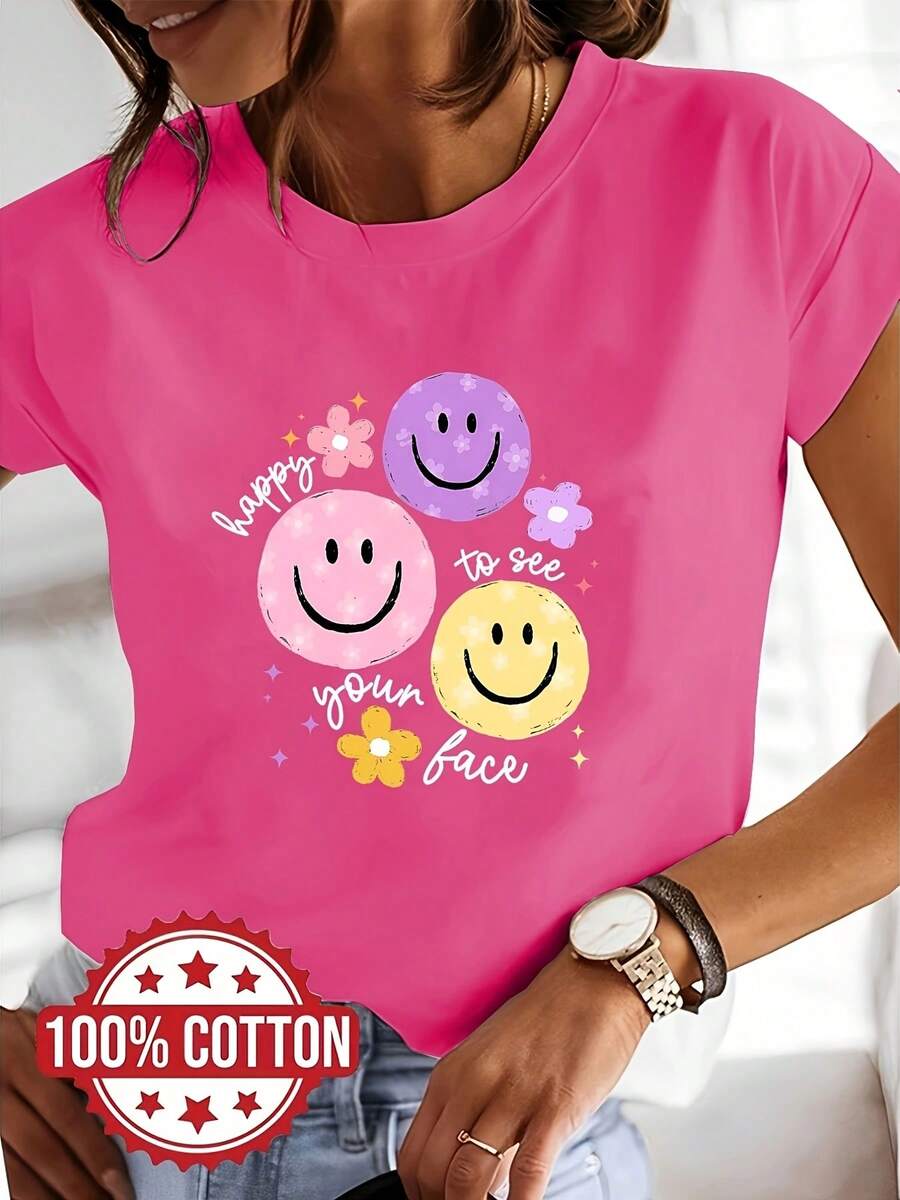 Women's Casual Short Sleeve T-Shirt With Graphic Print "Nice To See Your Face" 100% Letters, Round Neck, Ideal For Summer And Spring - Red Rose - View 1