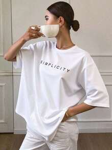 SIMPLICITY Summer Short Sleeve Crew Neck T-Shirt With Letter Print, Loose Fit - 白色 - 查看 5