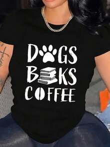 Camiseta de talla grande para mujer con estampado "Dog Book Coffee" - negra con letras blancas, huellas de pata y diseño de libro, suave, de cuello redondo y manga corta, estilo casual, adecuada para amantes de los perros, amantes de los libros y entusiastas del café, ideal para uso diario al aire libre. - Negro - Ver 1