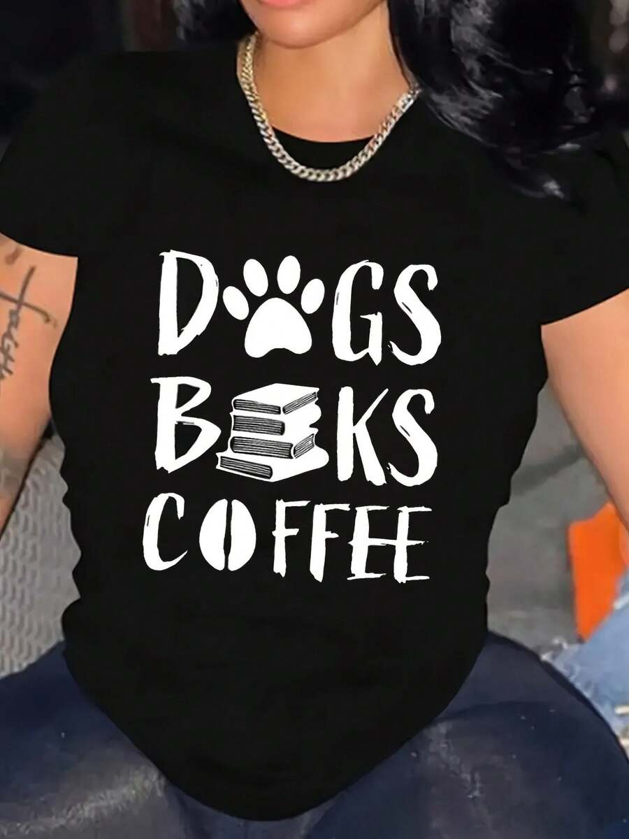Camiseta de talla grande para mujer con estampado "Dog Book Coffee" - negra con letras blancas, huellas de pata y diseño de libro, suave, de cuello redondo y manga corta, estilo casual, adecuada para amantes de los perros, amantes de los libros y entusiastas del café, ideal para uso diario al aire libre. - Negro - Ver 1