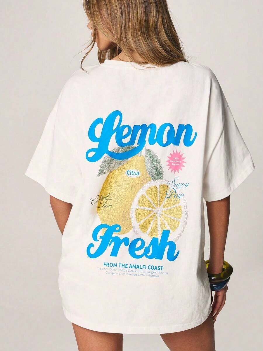 Short-Sleeved T-Shirt With Round Neck And Fresh Lemon Print On The Back, Casual Summer Style, Made Of Pure Cotton. - White - View 1