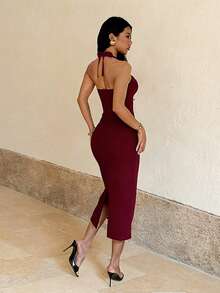 Women's Beach Dress, Summer Elegant Sexy Party V-Neck Waist-Defining Bodycon Dress, Women's Independence Day Outfit, Vacation, Birthday Party, Wedding, Holiday, Gathering - Burgundy - View 5