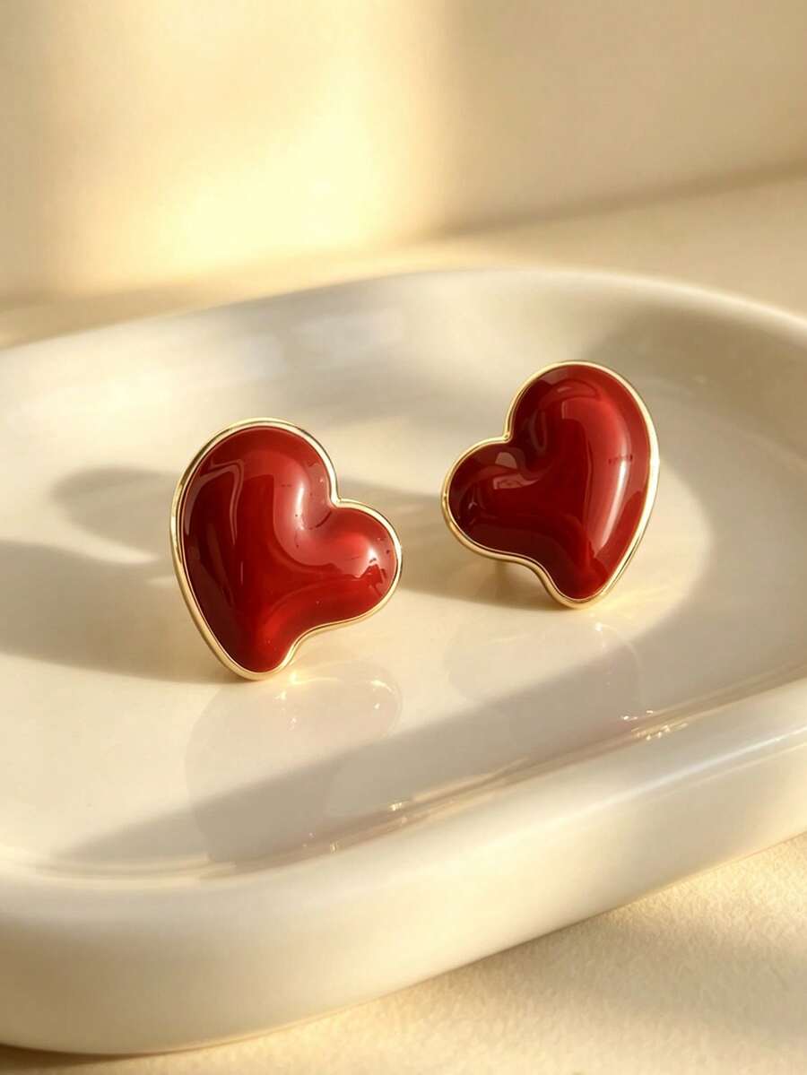 1 Pair Burgundy Heart Shaped Geometric Earrings For Women - Multicolor - View 1