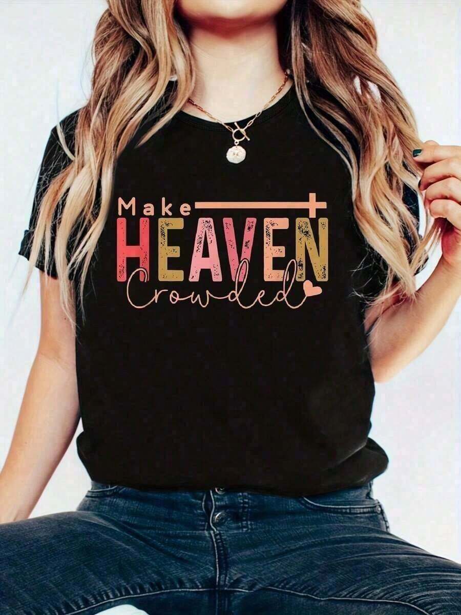 blusas para mujer Haz que el paraíso esté lleno de gente, Camiseta elegante con cita cristiana de estilo boho - Ropa de mujer, camiseta estampada - Para amantes de las camisetas, para todas las estaciones, uso diario casualSuitable for spring, summer and autumn - Negro - Ver 1