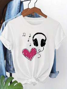 Women's Plus Size T-Shirt, Women's Plus Size T-Shirt With Music And Headphones Print - Casual Short Sleeve Blouse With Round Neck And Headphone And Sound Print, Suitable For Spring/Summer, Casual Wear, Parties, Daily Travel, Machine Washable, Elastic Set - 白色 - 查看 1