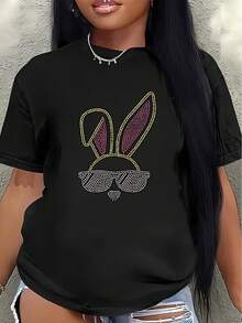 Polyester Short-Sleeved T-Shirt, Adorned With Rhinestone Bunny Ears And A Stylish Glasses Design, Lightweight And Durable, Suitable For Casual Wear At Home, Restaurants, Or Parties; A  And Unique Item For Adults. Women's Blouses > Clothing - 黑色 - 查看 7