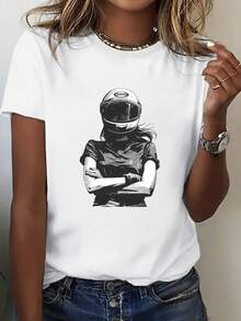1 Piece Of Short-Sleeved T-Shirt With A Fun Print, Cool Biker Design, Fashionable Casual Blouse For Women, Comfortable Round Neck T-Shirt With A Fun And Modern Print, Suitable As A Gift, Comfortable And Breathable Sweatshirt. - 白色 - 查看 1