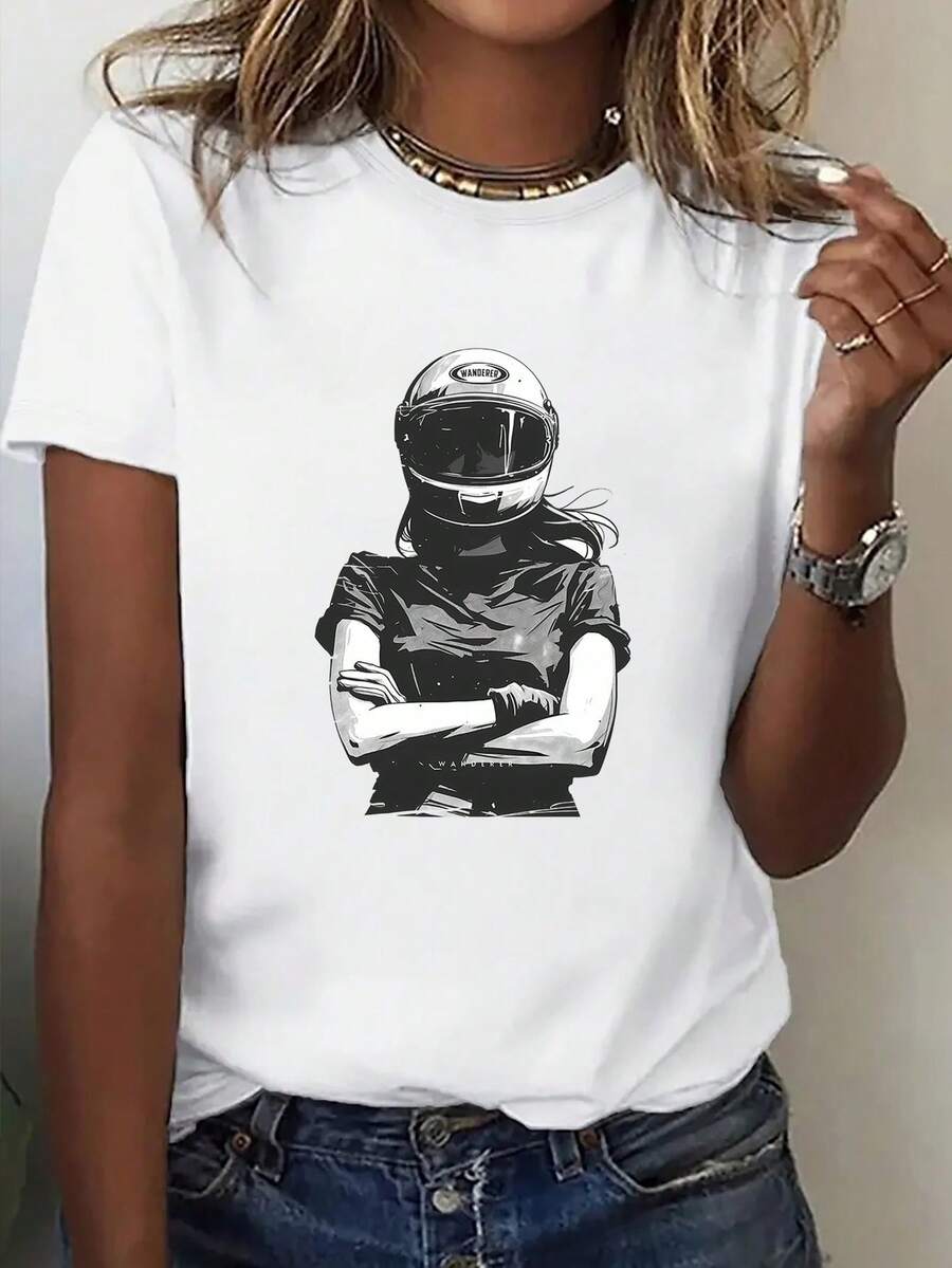 1 Piece Of Short-Sleeved T-Shirt With A Fun Print, Cool Biker Design, Fashionable Casual Blouse For Women, Comfortable Round Neck T-Shirt With A Fun And Modern Print, Suitable As A Gift, Comfortable And Breathable Sweatshirt. - 白色 - 查看 1