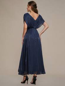 EVERPRETTY Women's Elegant Romantic V-Neck Short Sleeve Ruffle Sleeve Chiffon Plus Size Evening Dress, Suitable For Spring/Summer Wedding, Formal Occasion, Graduation Party, Holiday, Birthday Party - Navy Blue - View 2
