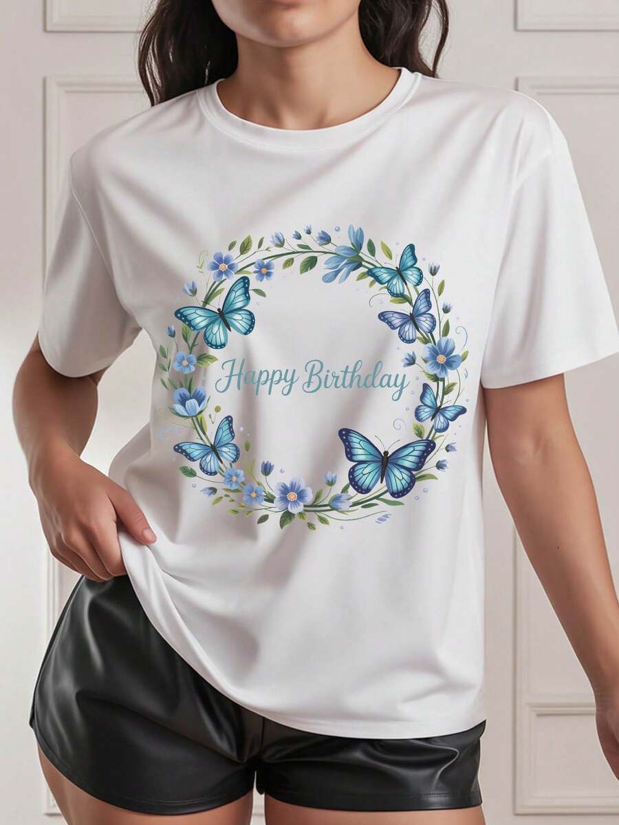 Women's Casual Short-Sleeved Crew Neck T-Shirt With "Happy Birthday" Birthday Crown Print, Ideal For Spring/Summer, Everyday Wear, Casual Outings, Holiday Gifts, Birthday Parties, . - 白色 - 查看 1