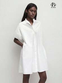 Loose-Fitting Cotton Dress With A Mandarin Collar, Front Buttons, And A Solid Color For Women. Basic Minimalist Style For Everyday Wear, Work, Business Casual, And Office. - Black - View 6