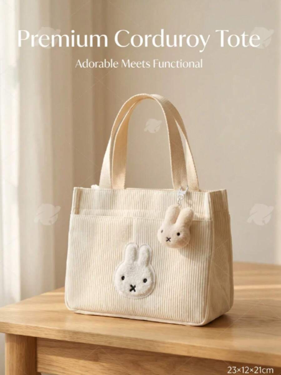Túi tote nhung kẻ hình thỏ hoạt hình dễ thương chính hãng MIFFY, trang trí mặt thỏ bông, nhẹ và dễ mang theo, có thể dùng làm hộp đựng cơm trưa, túi đựng tã, hộp đựng đồ dung tích lớn, balo nữ hàng ngày tiện dụng đi du lịch mua sắm đi làm đi học, quà tặng phong cách Y2K dễ thương dành cho nữ. - Nhiều màu - Xem 1