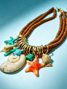 Dây chuyền nữ phong cách Boho lấy cảm hứng từ đại dương, vòng cổ nhiều lớp bằng gỗ đính hạt với mặt dây chuyền hình vỏ sò, sao biển và rùa, trang sức mùa hè đi biển. - Nhiều màu - Xem 7