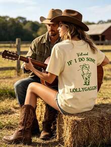 Can I Be A Little Lazy? Printed T-Shirt, Casual Short-Sleeved Top With Round Neck, Suitable For Spring And Summer Wear, Women's Summer Outfits, Women's Holiday Clothes, Women's Summer Clothes. - 杏色 - 查看 7