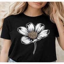 Women's Floral Print T-Shirt, Casual Summer Style For Beach Outings And Everyday Wear. Cute 2D Blouses For Women, Casual Women's T-Shirt, Loose Fit, Slightly Stretchy, Sizes S-XXXL - 黑色 - 查看 1