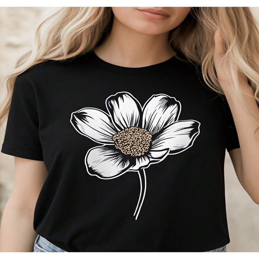 Women's Floral Print T-Shirt, Casual Summer Style For Beach Outings And Everyday Wear. Cute 2D Blouses For Women, Casual Women's T-Shirt, Loose Fit, Slightly Stretchy, Sizes S-XXXL - 黑色 - 查看 1