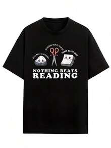 Camiseta negra casual de cuello redondo con estampado de tijeras y libro, sin texto, para uso diario, camisetas gráficas para mujer, blusas casuales para dama. - Negro - Ver 5