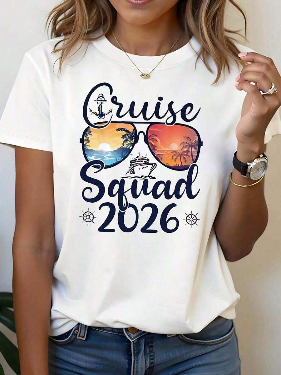 Camiseta Gráfica para Mujer 'Cruise Squad 2026' - Camiseta Casual de Manga Corta con Cuello Redondo y Estampado de Temática de Crucero, Lavable a Máquina, Adecuada para Uso Diario, Conjuntos y Regalos. - Blanco - Ver 1