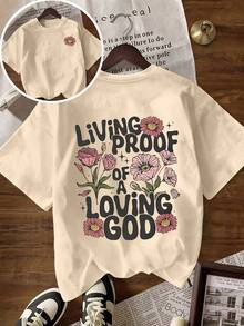 Camiseta de manga corta casual de moda para mujer, con estampado floral y letras de doble cara, cuello redondo, nueva colección primavera/verano 2026 - Blanco - Ver 4