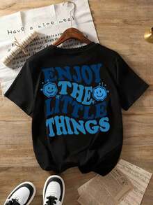 Women's Casual T-Shirt With Enjoy The Little Things Print, Short Sleeve, Round Neck, Geometric Pattern, All-Season Knit Fabric, 220gsm - Regular Length - White - View 7