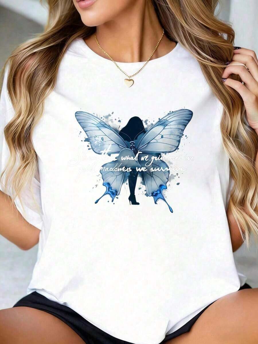 Under The Radar Women's Crew Neck T-Shirt With Custom And Interesting Print, "Strength Is What We Win And Love Is What We Survive" With Butterfly Graphic, Ideal For Gifts - Vintage Urban Style, Unisex, Cotton, Short Sleeve, Crew Neck. - 白色 - 查看 1