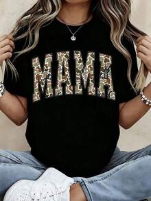 Women's MAMMA Camouflage Graphic T-Shirt, Casual White Short Sleeve Blouse With Bold Letter Print, Perfect For Mother's Day Or Everyday Wear, Comfortable And Stylish Maternity T-Shirt. - 黑色 - 查看 11
