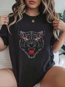Women's Blouses 100% Cotton Black T-Shirt With Fierce Tiger Print For Women, Casual And Youthful Style Ideal For Daily Use, Available In Sizes S, M, L, XL, Original And Current Urban Fashion. - 黑色 - 查看 9