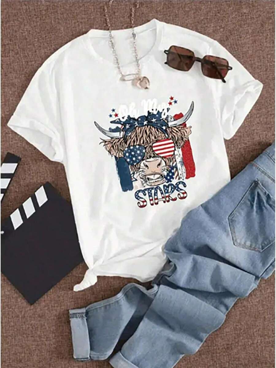 Camiseta suelta de mujer con bandera estadounidense impresa con toro cabeza con gafas - [Blanco] - Ver 1